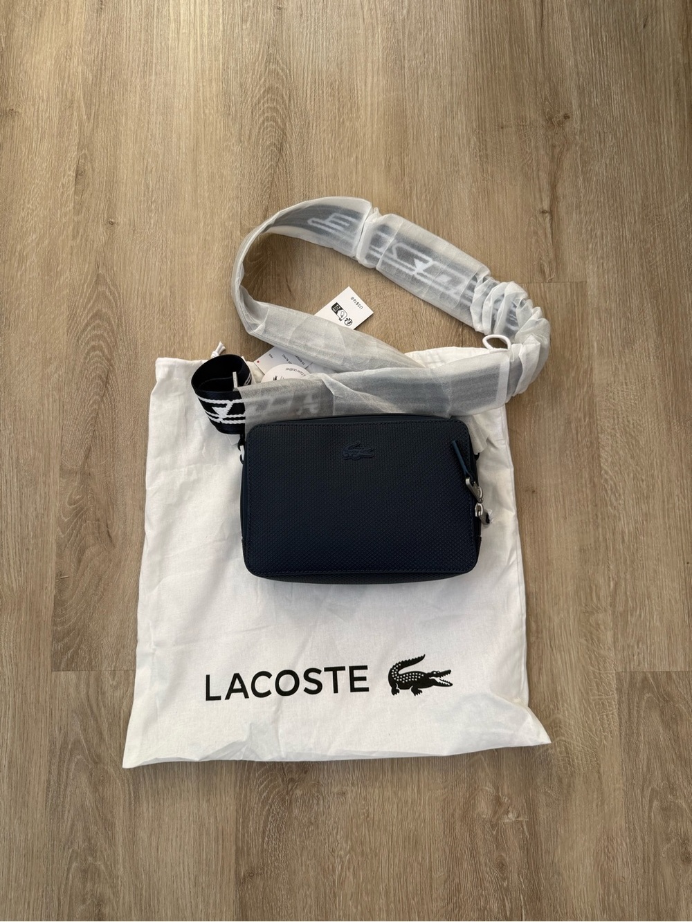 Lacoste Navy Textured Crossbody Belt Bag with Branded Strap